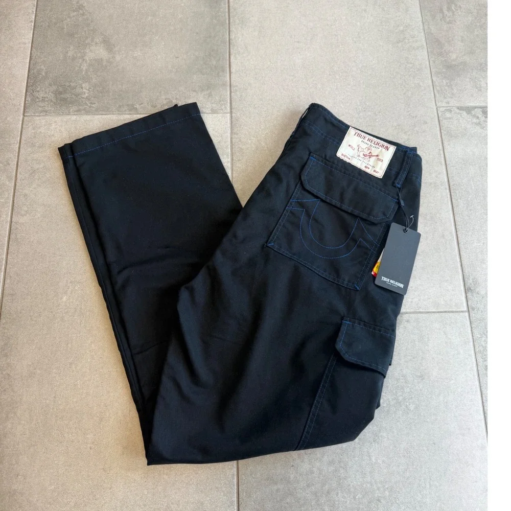 NWT True Religion Mens Black Pacific Blue Contrast Stitch Cargo Pants 108335 34